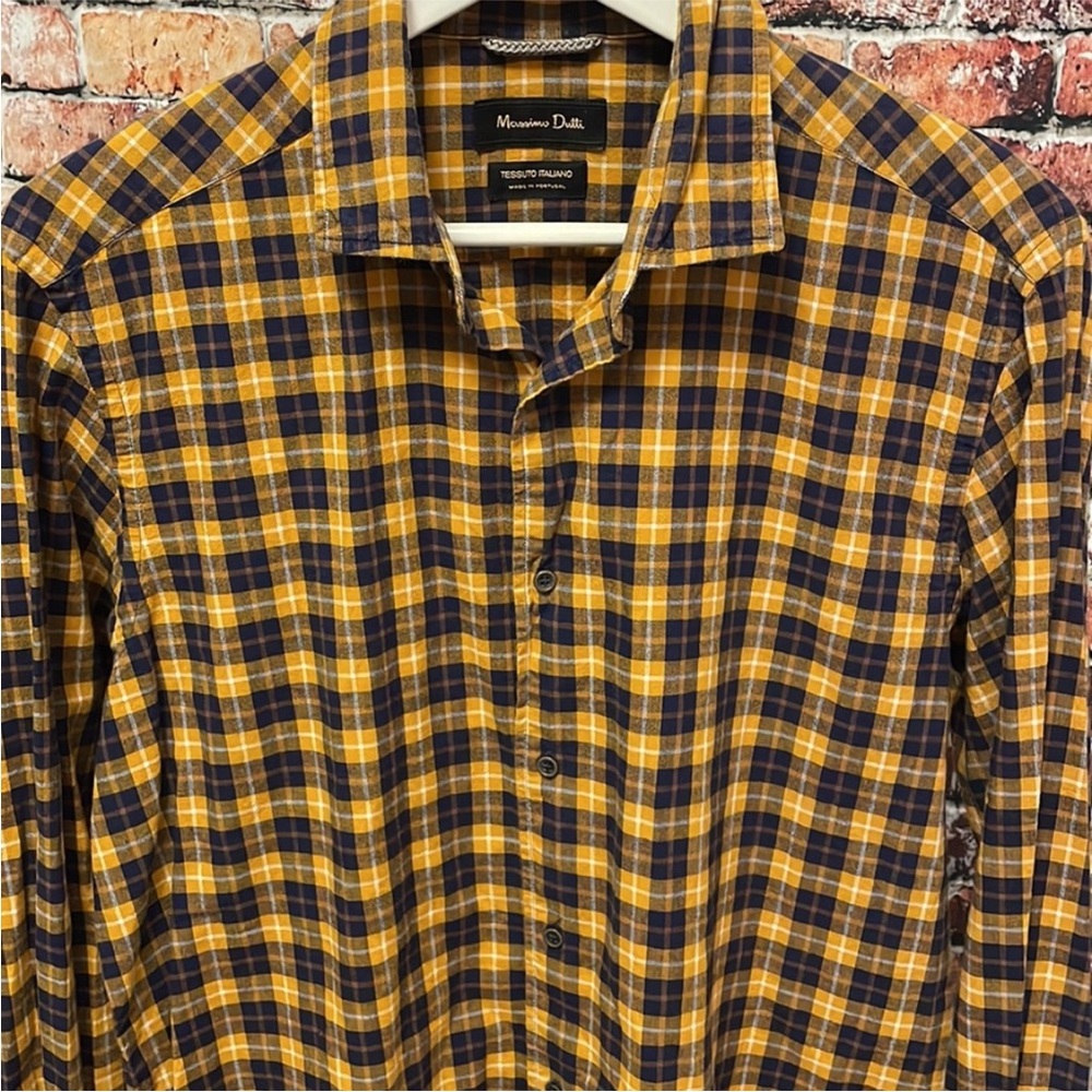 Massimo Dutti tessuto Italiano men's button down shirt large yellow navy - Picture 4 of 5